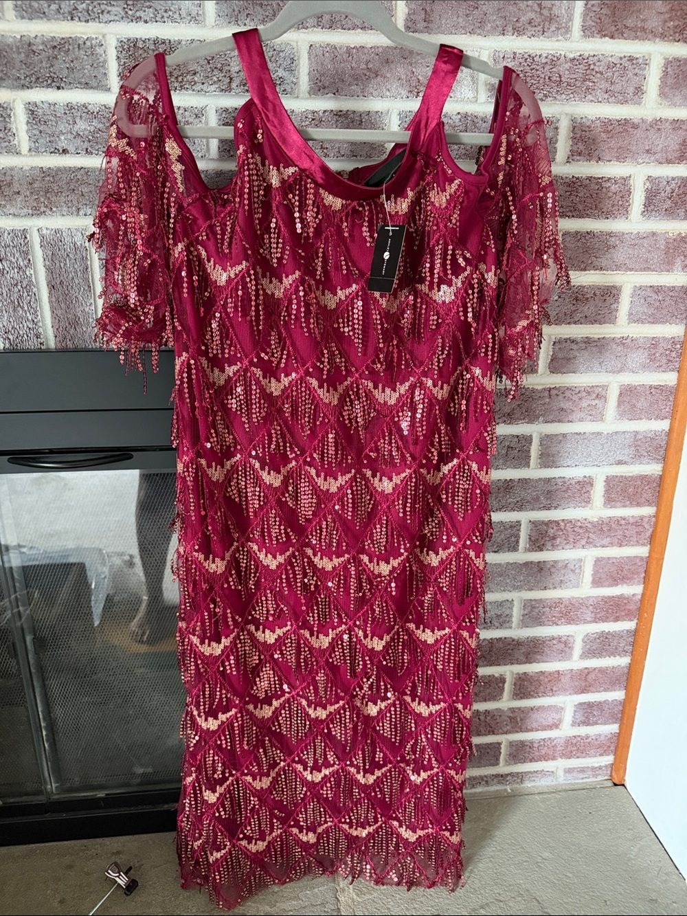 Ashley Stewart Burgundy Beaded Fringe Midi Dress